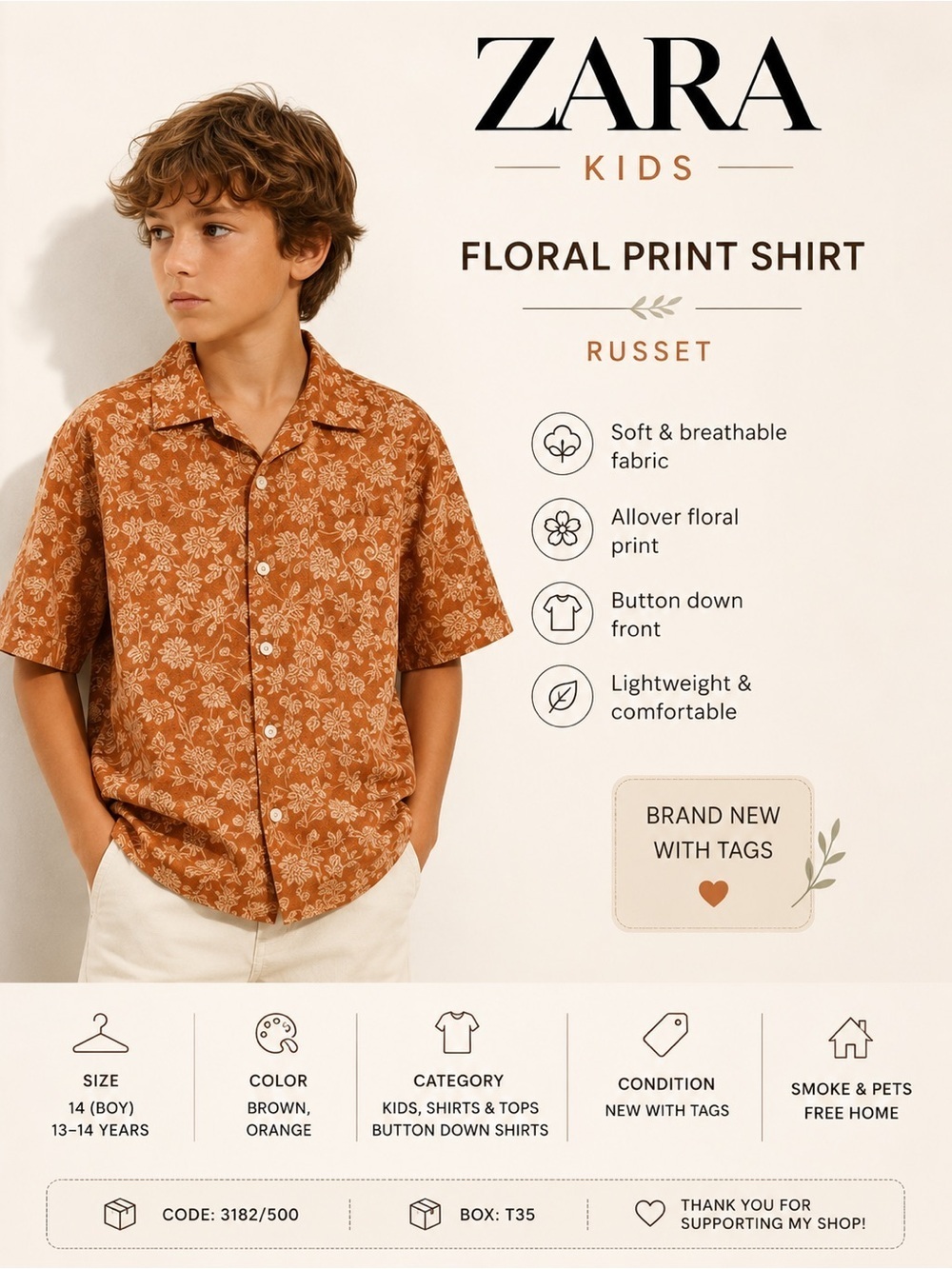 Zara Kids Russet Floral Print Button Down Shirt Size 13-14 NWT Boys Cotton Top